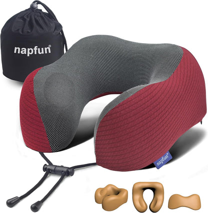 napfun Neck Pillow for Traveling, Upgraded Travel Neck Pillow for Airplane 100% Pure Memory Foam Travel Pillow for Flight Headrest Sleep, Portable Plane Accessories, Light Grey