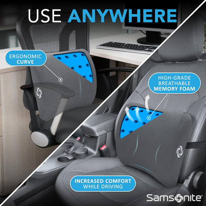 Samsonite Lumbar Support Pillow for Office Chair, Lower Back Support for Car, Back Pillow Desk Chair Cushion with Memory Foam, Improved Posture Backrest