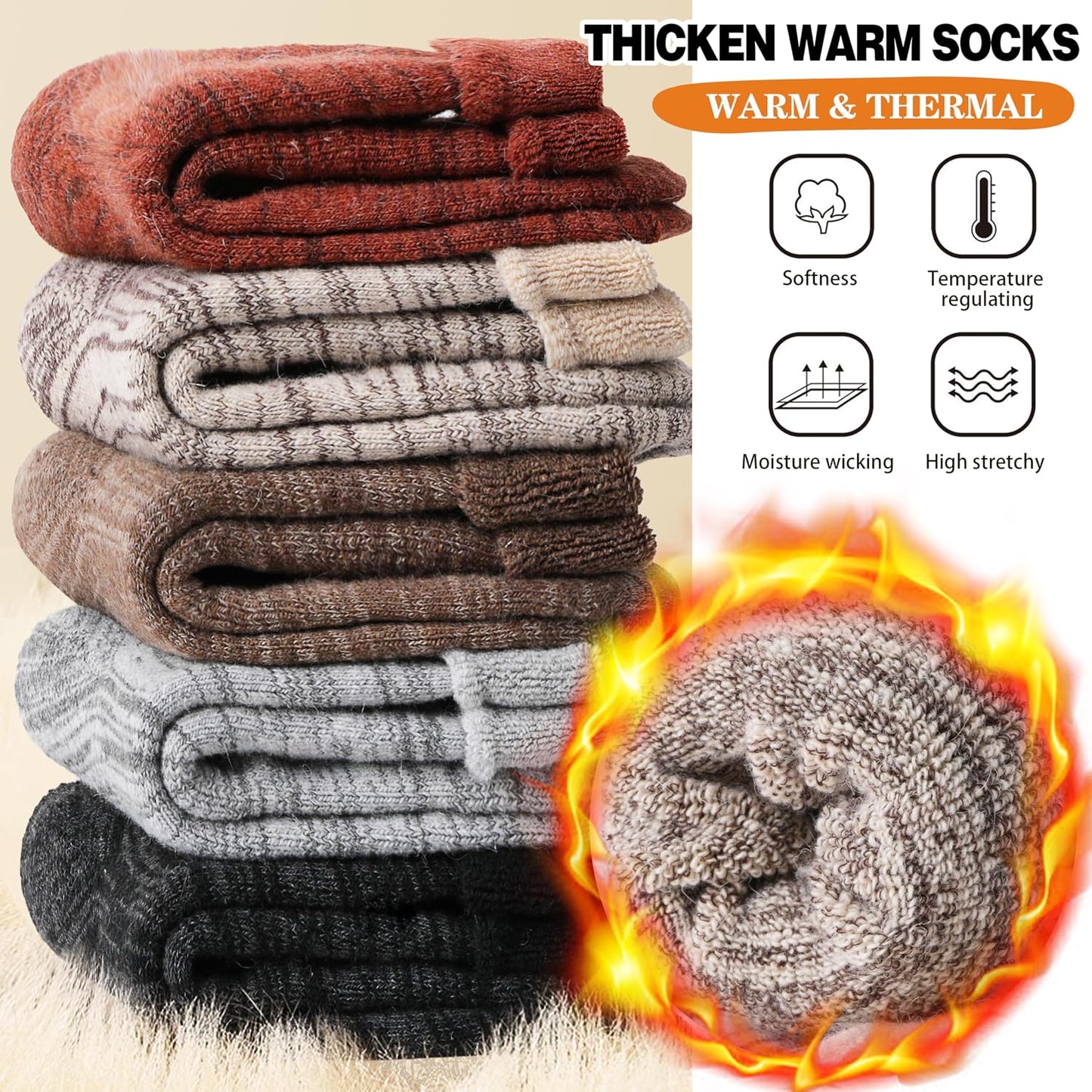 EBMORE 5 Pairs Women Merino Wool Boot Socks Warm Thermal Winter Thick Hiking Cozy Cabin Crew Comfy Socks for Ladies