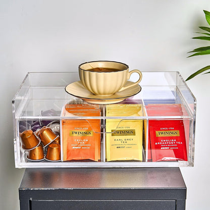 Heavy-Duty Acrylic Tea Bag Organizer, 8-Compartment Storage Box | Perfect Organizer: 8-compartment design keeps tea bags and coffee pods neatly sorted, saving space on your countertop.