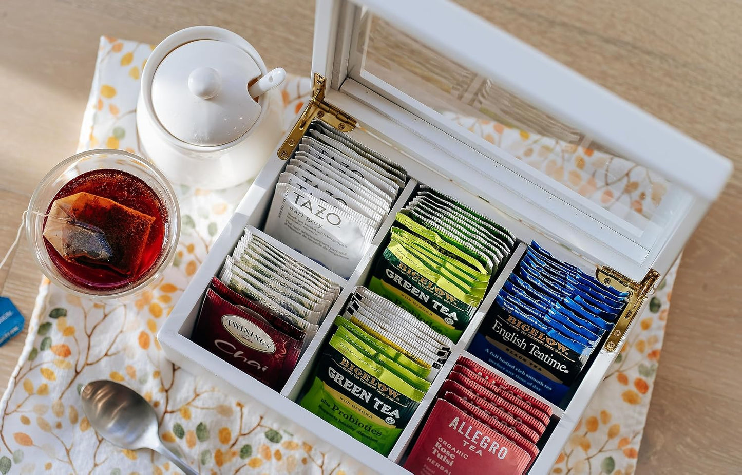 Break Tradition Wooden Tea Organizer For Tea Bags - 6 Compartments, Clear Top Window, Lid Stays Open (Black)