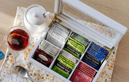 Break Tradition Wooden Tea Organizer For Tea Bags - 6 Compartments, Clear Top Window, Lid Stays Open (Black)