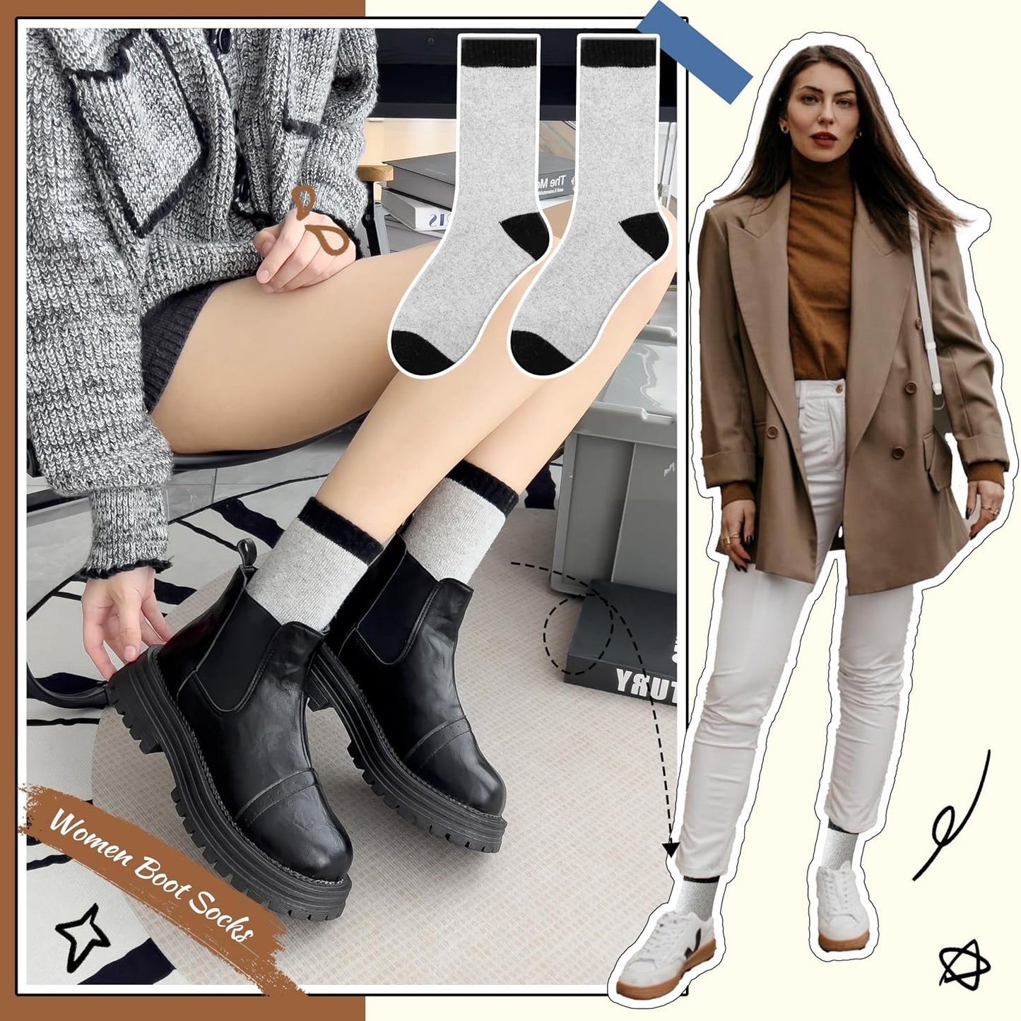 EBMORE Merino Wool Socks for Women Hiking Thermal Warm Winter Thick Boot Cozy Crew Comfy Work Socks for Ladies 5 Pairs