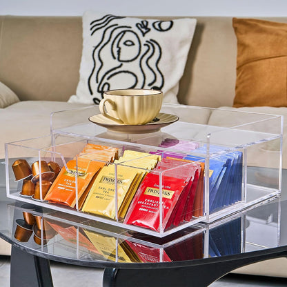 Heavy-Duty Acrylic Tea Bag Organizer, 8-Compartment Storage Box | Perfect Organizer: 8-compartment design keeps tea bags and coffee pods neatly sorted, saving space on your countertop.