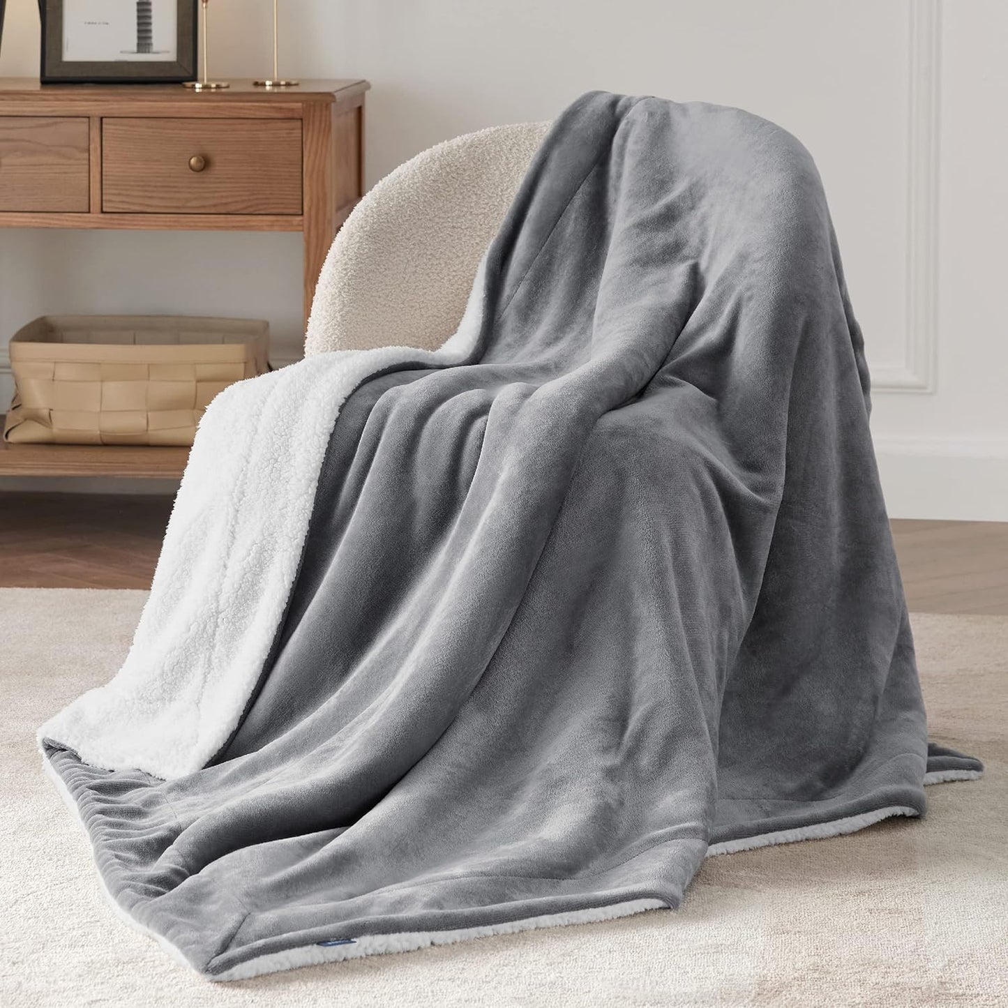 Bedsure GentleSoft Sherpa Fleece Throw Blanket for Couch, Non-Heated, Thick & Warm Cozy Blanket for Winter, Soft Fuzzy Plush Throw Gifts for Women and Men, Grey, 50x60 Inches