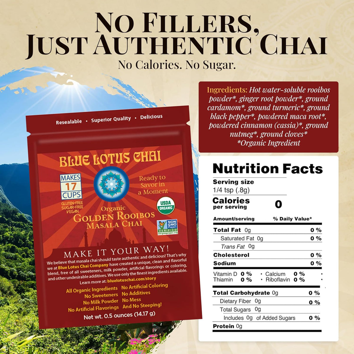 Blue Lotus Chai - Golden Masala Flavor Chai - Makes 100 Cups - 3 Ounce Masala Spiced Chai Powder with Organic Spices - Instant Indian Tea No Steeping - No Gluten