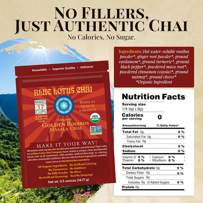 Blue Lotus Chai - Golden Masala Flavor Chai - Makes 100 Cups - 3 Ounce Masala Spiced Chai Powder with Organic Spices - Instant Indian Tea No Steeping - No Gluten