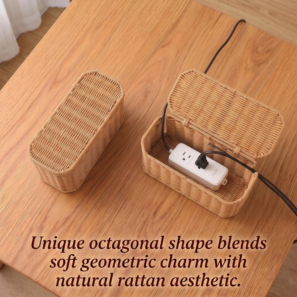 Rattan Cable Management Box, Cord Organizer to Hide Cords & Power Strip