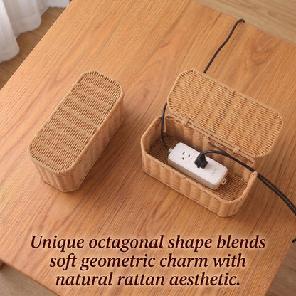 Rattan Cable Management Box, Cord Organizer to Hide Cords & Power Strip