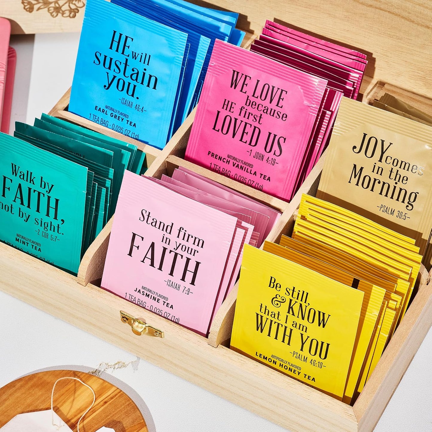 Thoughtfully, Tea Affirmations Christian Prayer Gift Set for Women, Religious Tea Gift with 6 Flavors and Bible Verses from Psalms and Other Books to Rejoice Pack of 90