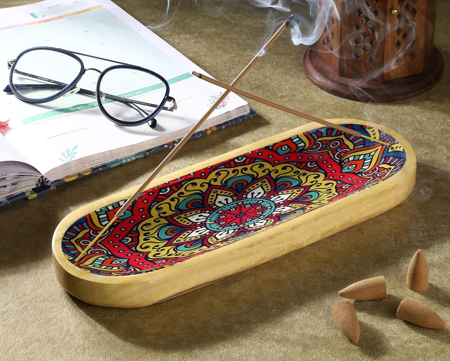 Bless-International Traditional-Handmade-Tray-Burner Wooden-Trat-Incense-Stick-Holder Ash-Catcher-Stand for-Aromatherapy-Meditation-Yoga (11x4x1.22 Inches)