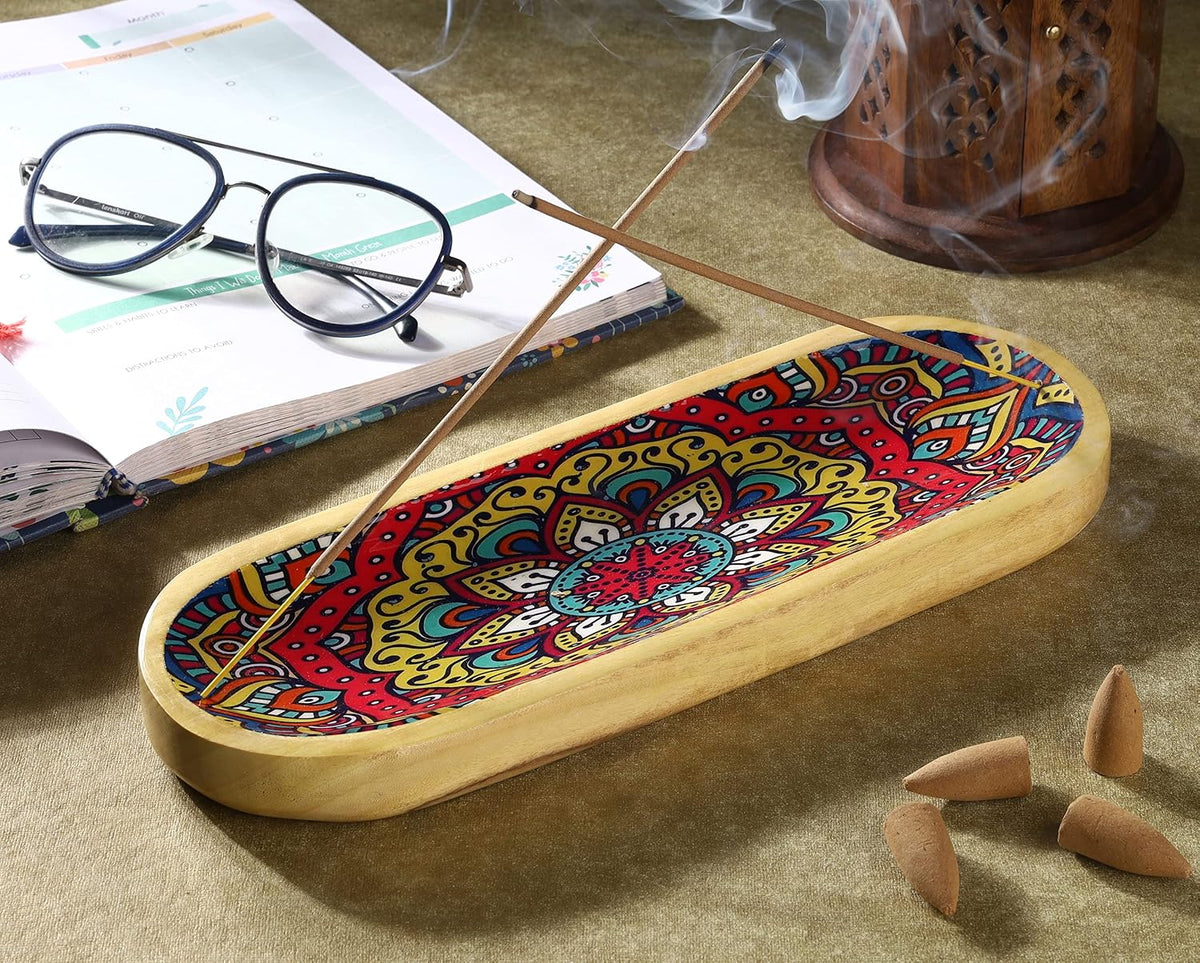 Bless-International Traditional-Handmade-Tray-Burner Wooden-Trat-Incense-Stick-Holder Ash-Catcher-Stand for-Aromatherapy-Meditation-Yoga 11x4x1.22 Inches (Wooden Tray)