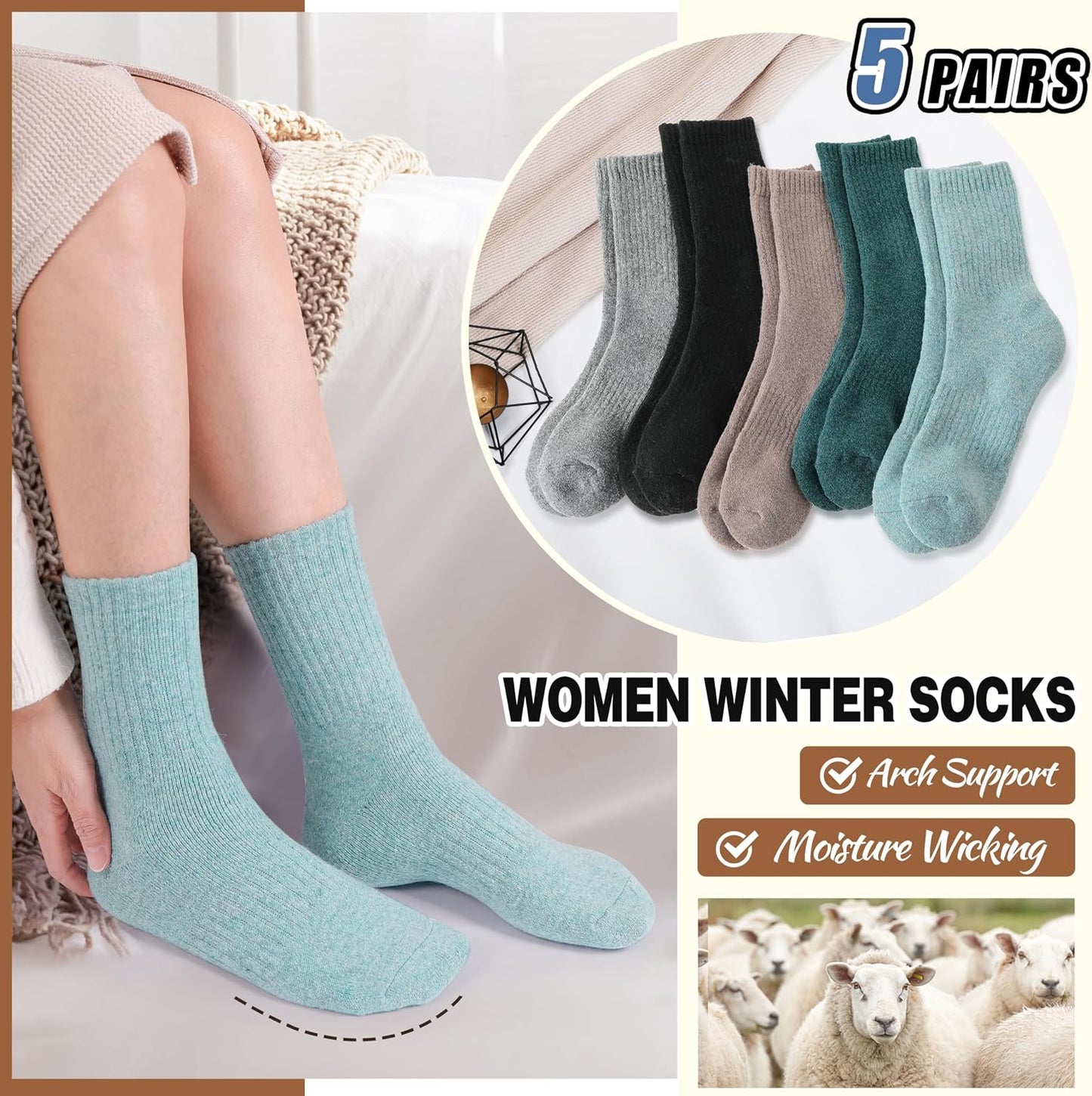 EBMORE 5 Pairs Women Merino Wool Boot Socks Warm Thermal Winter Thick Hiking Cozy Cabin Crew Comfy Socks for Ladies
