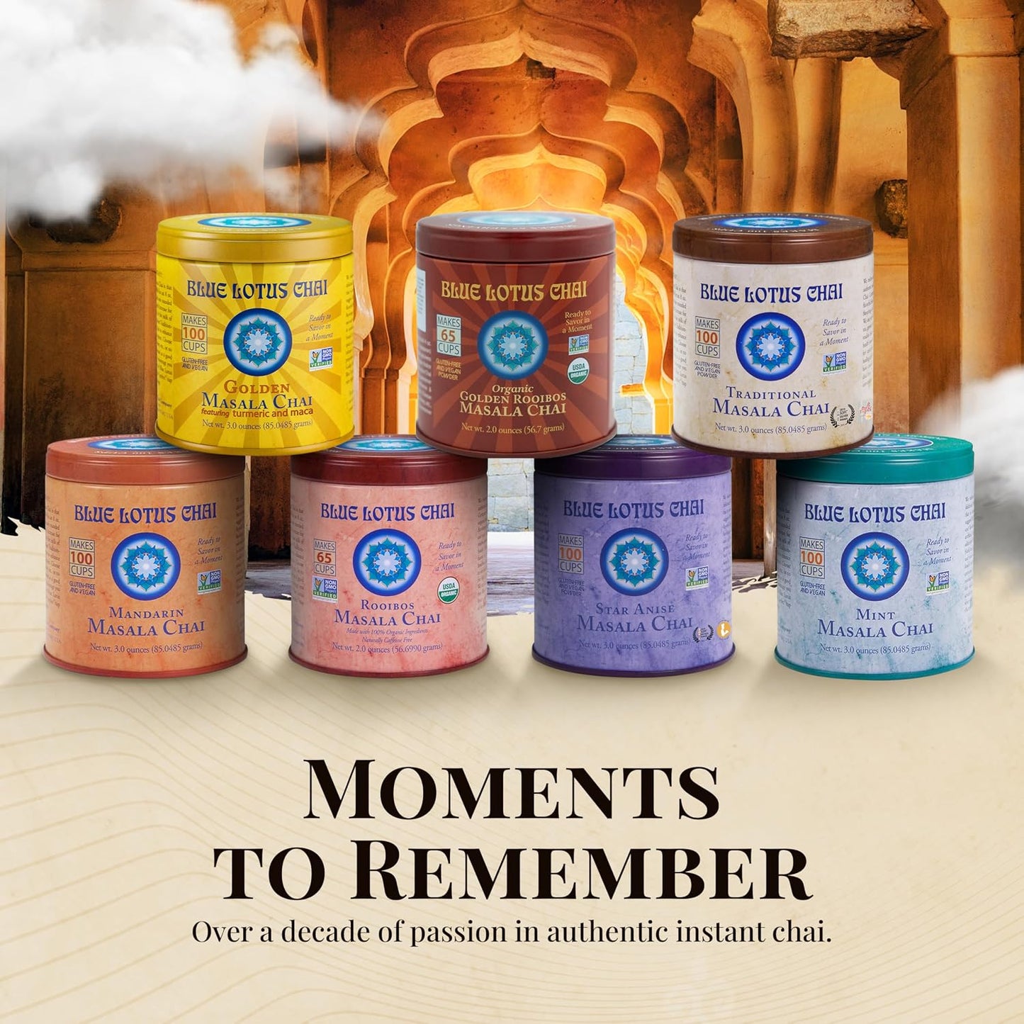 Blue Lotus Chai - Golden Masala Flavor Chai - Makes 100 Cups - 3 Ounce Masala Spiced Chai Powder with Organic Spices - Instant Indian Tea No Steeping - No Gluten