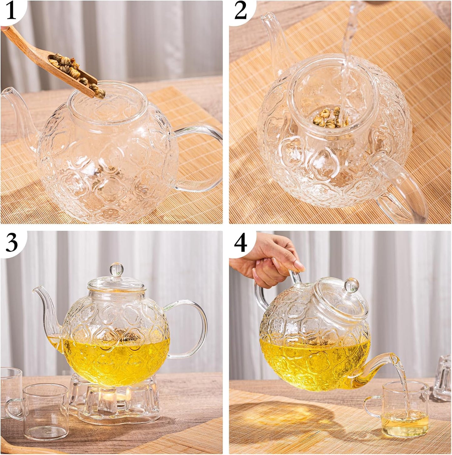 Glass Teapot with Removable Infuser-1500ml/50oz Clear GlassTea Pot for Stovetop, Borosilicate Microwave-Safe Glass Tea Kettle & Tea Maker for Blooming & loose Tea