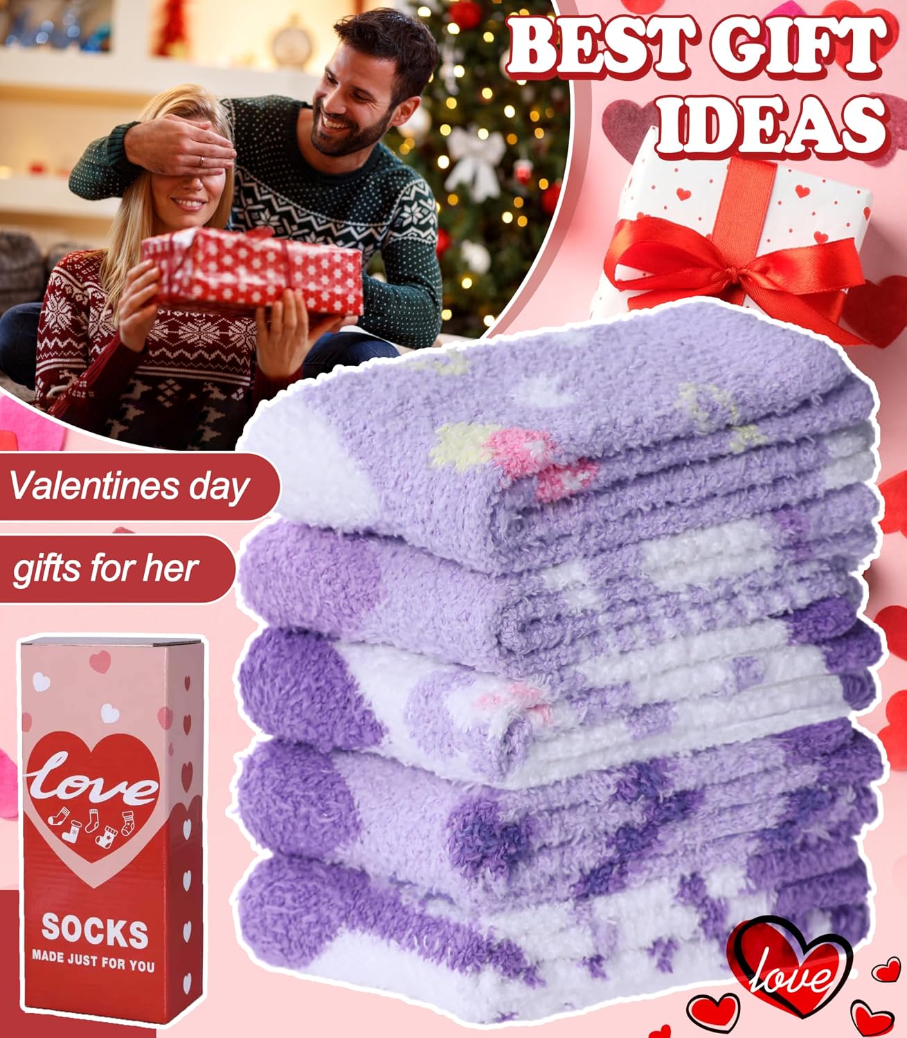 LANLEO Fuzzy Socks for Women Fluffy Slipper Winter Warm Soft Cozy Microfiber Plush Sleeping Heart Socks