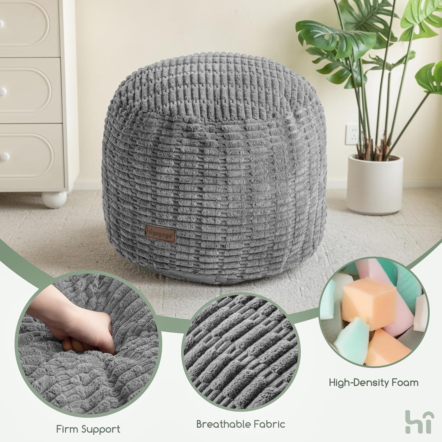 HIGOGOGO Pouf Ottoman Stuffed Round Modern Foam Filled Foot Rest Poufs for Living Room Chair Decorative 20 X 15 Inches Boho Relax Stool for Wedding Christmas Party, Beige