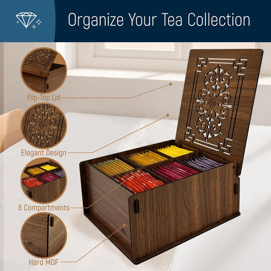 RoyalHouse Premium Wood Tea Storage Box Organizer, Tea Bag Holder Containers (Brown), Eco-Friendly Multi-Functional Decorative Box, 6 Compartments For Assorted Variety Of Small Items