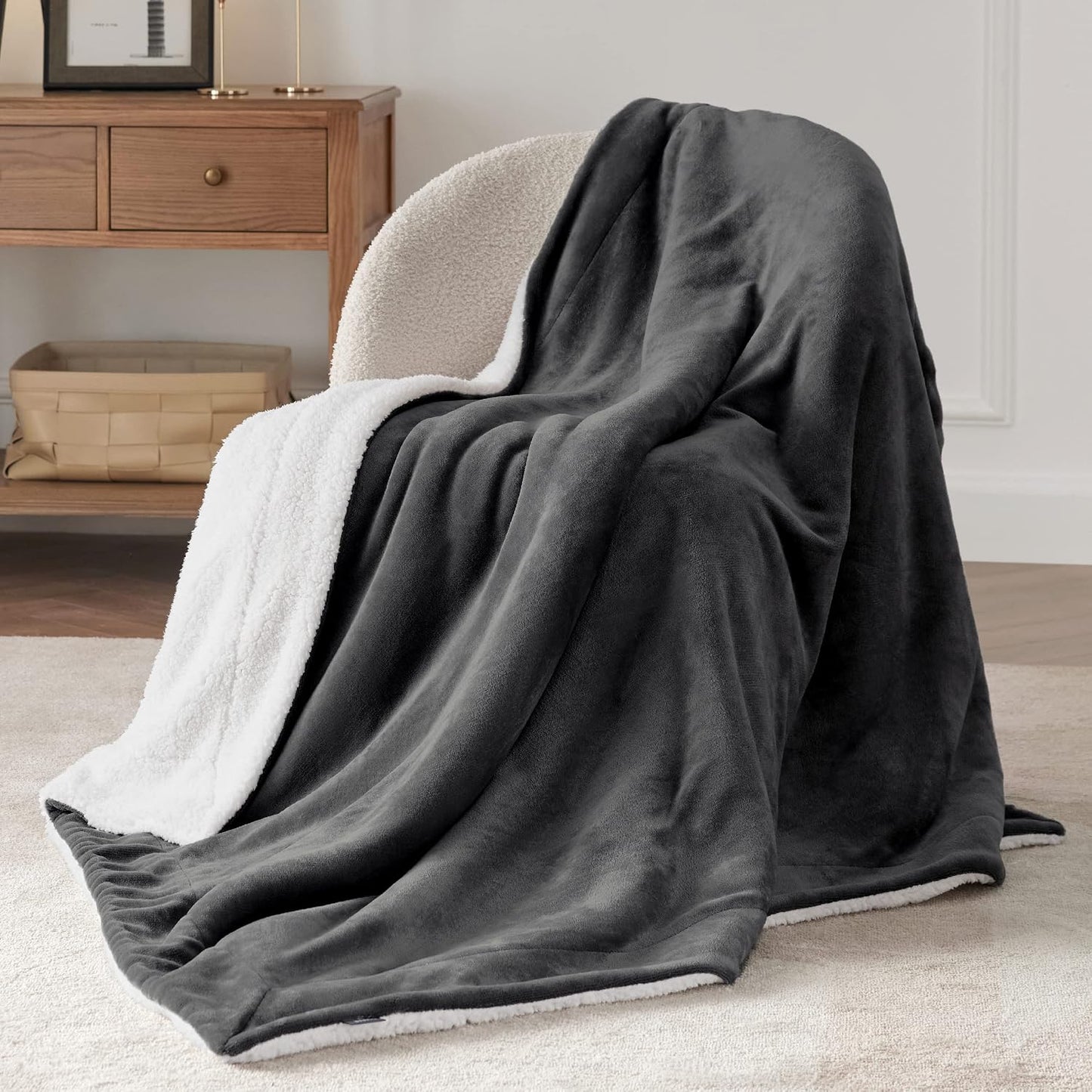 Bedsure GentleSoft Sherpa Fleece Throw Blanket for Couch, Non-Heated, Thick & Warm Cozy Blanket for Winter, Soft Fuzzy Plush Throw Gifts for Women and Men, Grey, 50x60 Inches
