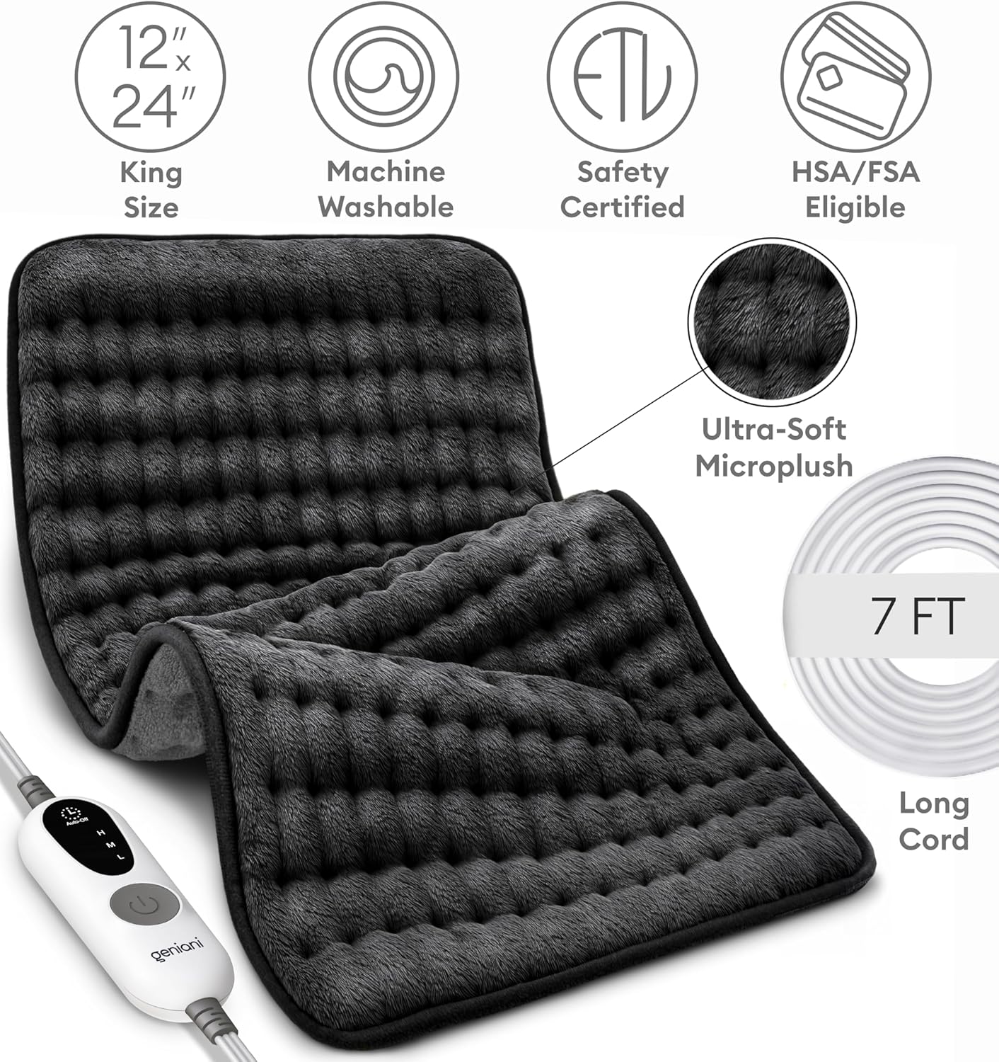 GENIANI Electric Heating Pad for Back Pain & Cramps Relief, Electric Throw, Self Care Gifts for Women, Heating Pad for Neck & Shoulder, Machine Washable Microplush, Auto Shut Off (12"x24", Tabby Gray)