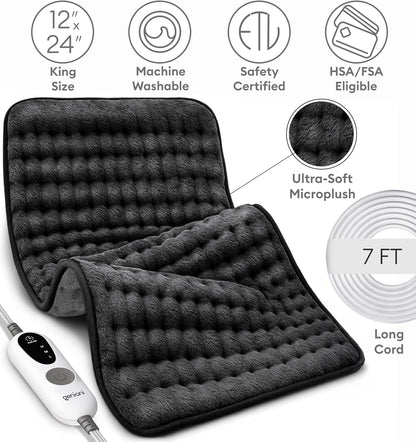 GENIANI Electric Heating Pad for Back Pain & Cramps Relief, Electric Throw, Self Care Gifts for Women, Heating Pad for Neck & Shoulder, Machine Washable Microplush, Auto Shut Off (12"x24", Tabby Gray)