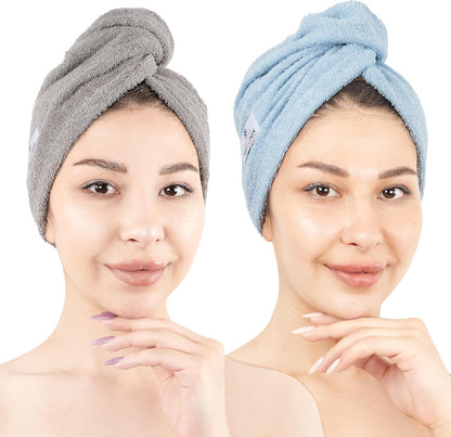 American Soft Linen 100% Cotton Hair Towels for Women, Head Towel Cap, Cotton Hair Turban Towel Wrap for Long Curly Anti Frizz Hair, Soft and Absorbent Cotton Hair Towels 2 Pack, White