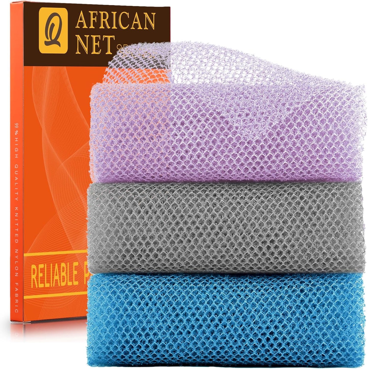 UJFQBH 3 Pieces African Bath Sponge African Net Long Net Bath Sponge Exfoliating Shower Body Scrubber Back Scrubber Skin Smoother,Great for Daily Use (Pink,Yellow,Purple)