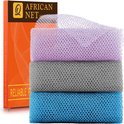 UJFQBH 3 Pieces African Bath Sponge African Net Long Net Bath Sponge Exfoliating Shower Body Scrubber Back Scrubber Skin Smoother,Great for Daily Use (Pink,Yellow,Purple)