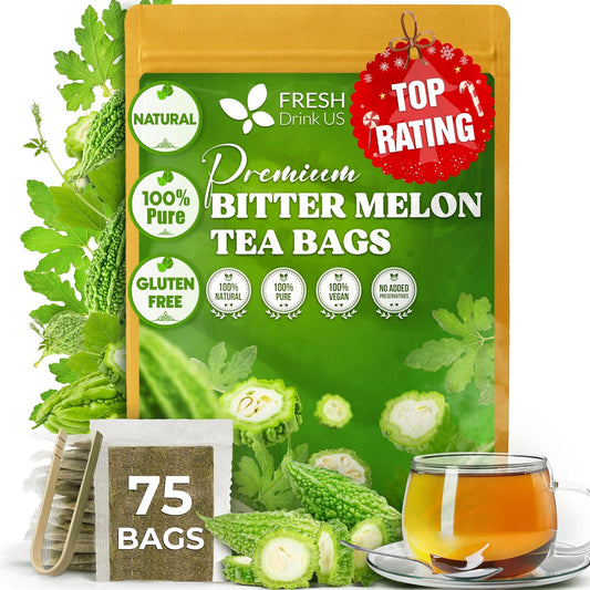 FreshDrinkUS, Premium 75 Bitter Melon Tea Bags, 100% Natural & Pure, Herbal Tea, Daily Infusion Botanical, No Sugar, No Caffeine, No Gluten, Vegan. Rich in Antioxidants