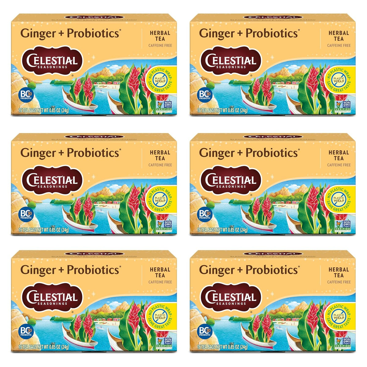 Celestial Seasonings Ginger + Probiotics Herbal Tea, Caffeine Free, 16 Tea Bags Box (Pack of 6)