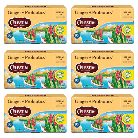 Celestial Seasonings Ginger + Probiotics Herbal Tea, Caffeine Free, 16 Tea Bags Box (Pack of 6)