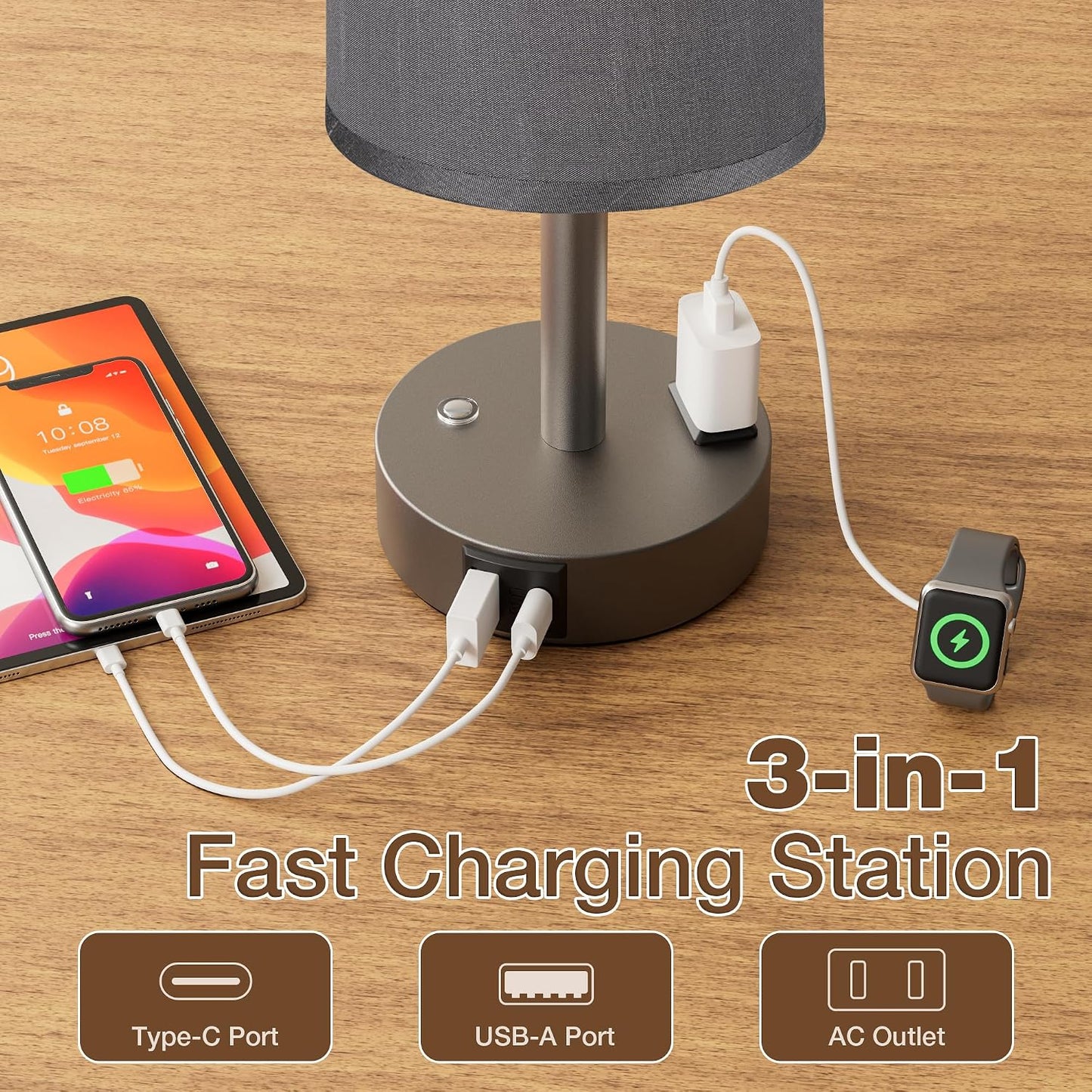 Touch Bedside Table Lamp with Memory - Stepless Dimmable Lamp for Bedroom, Small Nightstand Lamp with Dual USB Charging Ports and AC Outlet, Wood Night Light, Desk Lamp for Nursery, Living Room, Dorm