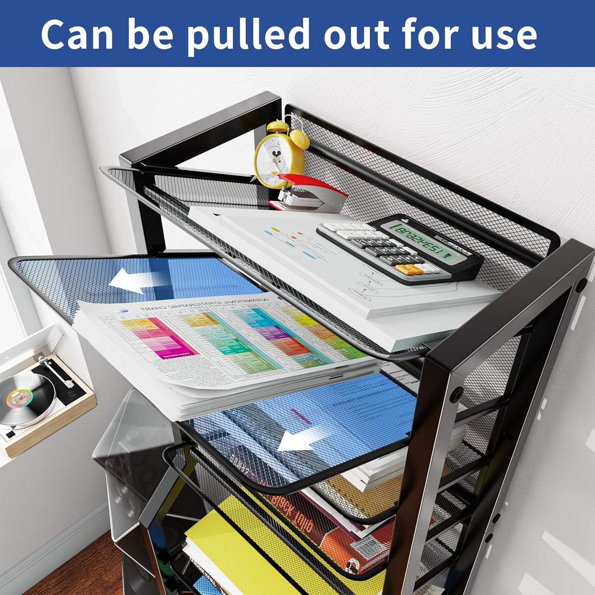 Simple Trending 12-Tier Rolling File Cart, Desk File Organizer with 11 Mesh Sliding Trays, Letter & Legal Paper Storage Rolling Utility Cart for Office Home School, Black