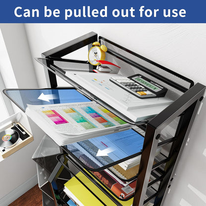 Simple Trending 12-Tier Rolling File Cart, Desk File Organizer with 11 Mesh Sliding Trays, Letter & Legal Paper Storage Rolling Utility Cart for Office Home School, Black