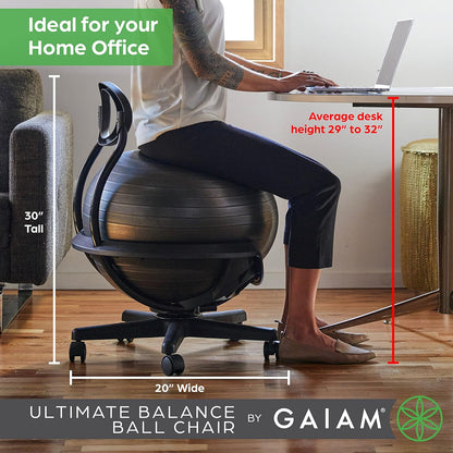 Gaiam Classic Balance Ball Chair – Ergonomic Stability Chair for Desk & Office | Yoga Ball Seat with Base, Air Pump, & Exercise Guide | Improves Posture & Core Strength (300 lb Capacity)