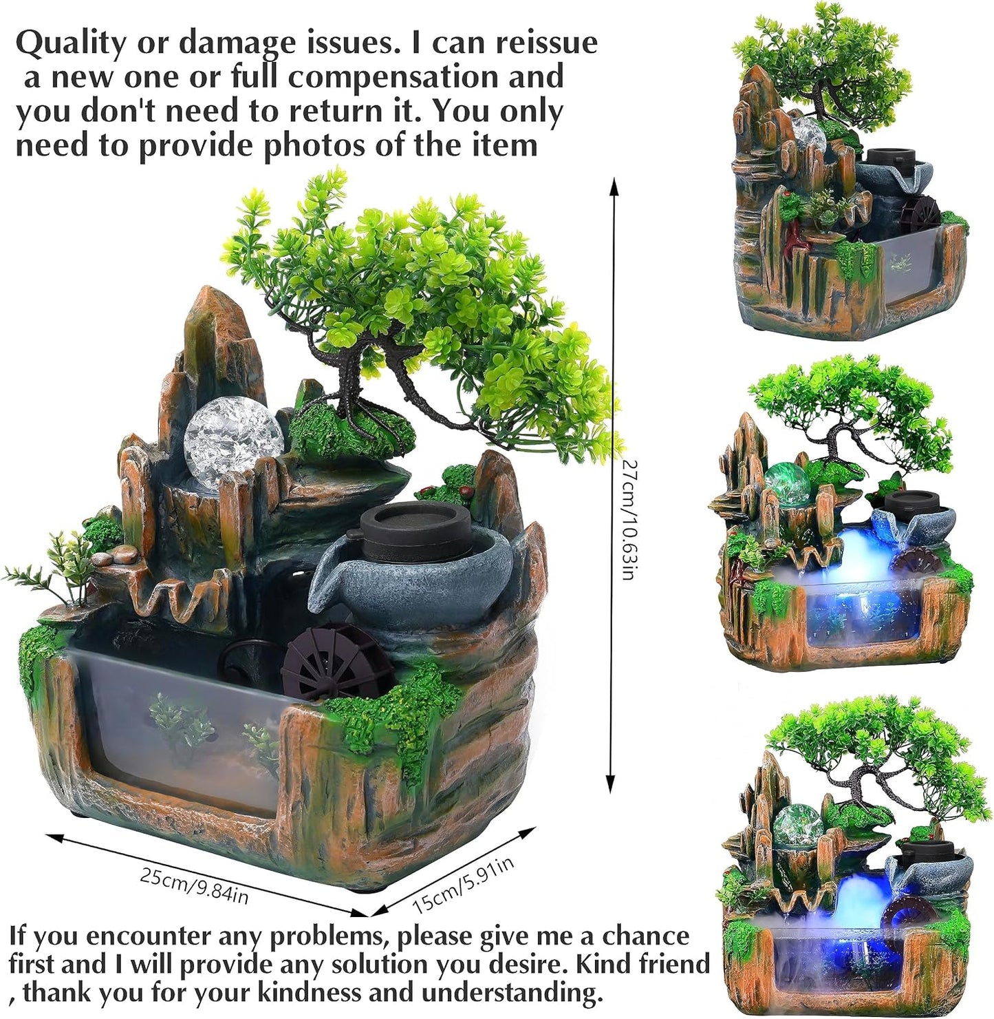 Mini Artificial Bonsai Tree Waterfall Fog Feature Rock Tabletop Fountain | 11in Desktop Decor Waterfall Fountain W/ Water Pump& Atomizer&LED Lights &Fake Tree Office Bedroom Relax