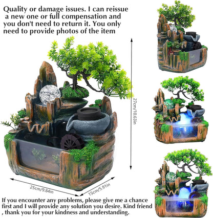 Mini Artificial Bonsai Tree Waterfall Fog Feature Rock Tabletop Fountain | 11in Desktop Decor Waterfall Fountain W/ Water Pump& Atomizer&LED Lights &Fake Tree Office Bedroom Relax