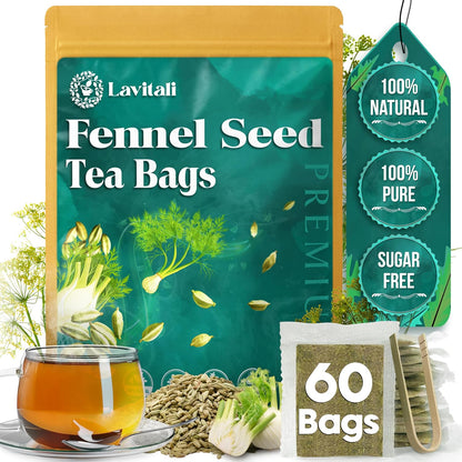 Lavitali, Fennel Tea Bags | 60 bags, 100% Pure Herbal Tea | Caffeine-Free, Natural Essential Oil, Eco-Friendly Filter Bag | Daily Natural Botanical, Hot or Iced Herbal Infusion