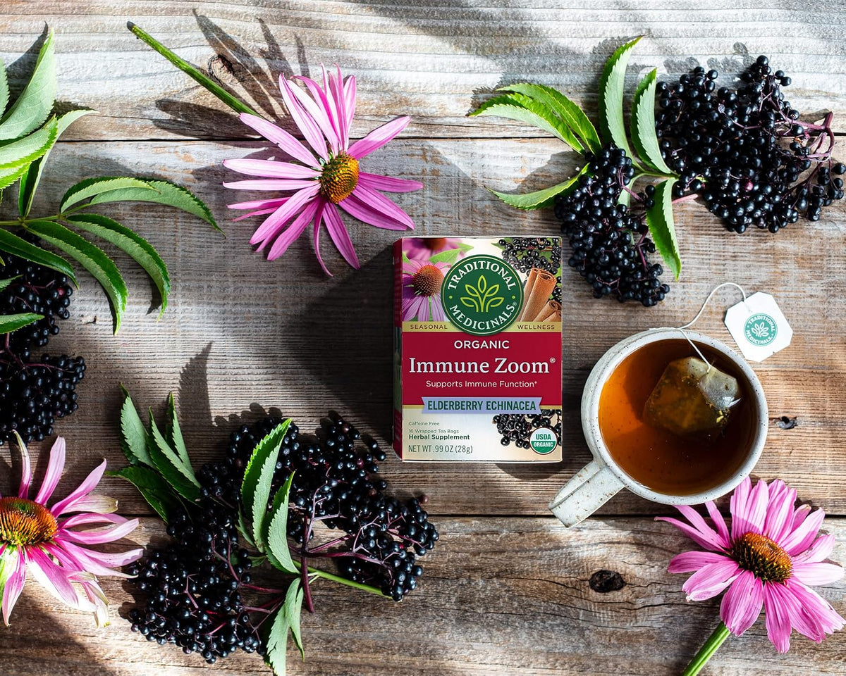 Traditional Medicinals, Organic Immune Zoom Echinacea Elderberry Tea Immune Elderberry, 16 Count (Pack of 2)