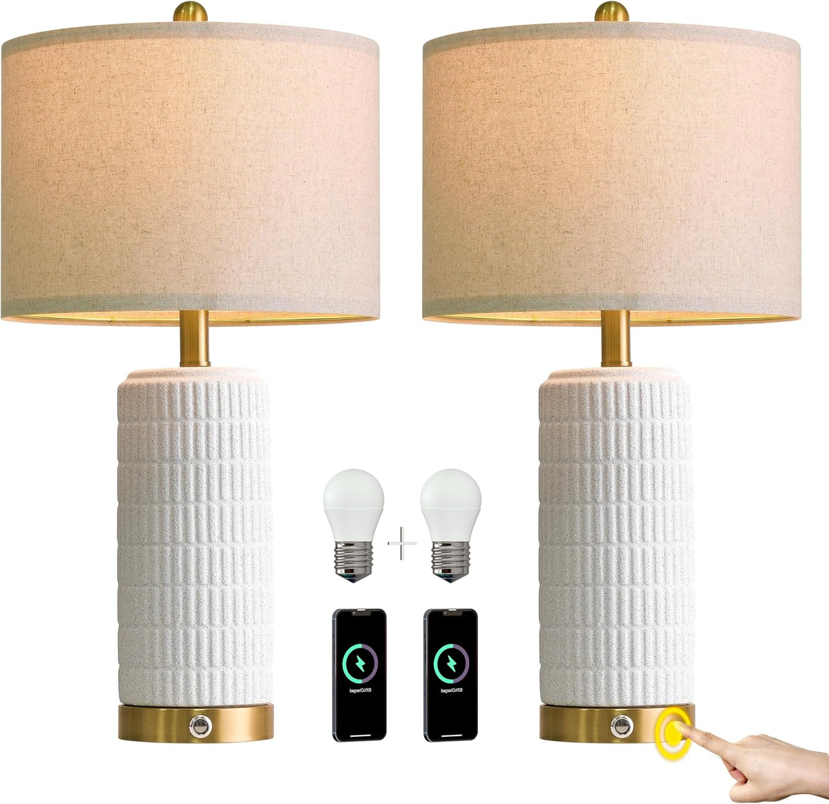 PoKat Touch Bedside Table Lamps with 2 USB for Bedroom Living Room, 25''