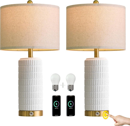 PoKat Touch Bedside Table Lamps with 2 USB for Bedroom Living Room, 25''