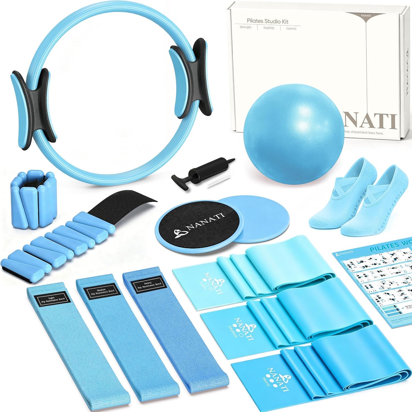 NANATI Pilates Kit, Home Pilates Workout Kit for Women, Pilates Equipment with 14.5" Pilates Ring and Ball, Resistance Bands, Ankle Weights, Sliders & Grip Socks for Home Workouts