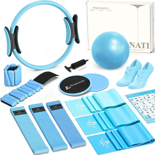 NANATI Pilates Kit, Home Pilates Workout Kit for Women, Pilates Equipment with 14.5" Pilates Ring and Ball, Resistance Bands, Ankle Weights, Sliders & Grip Socks for Home Workouts