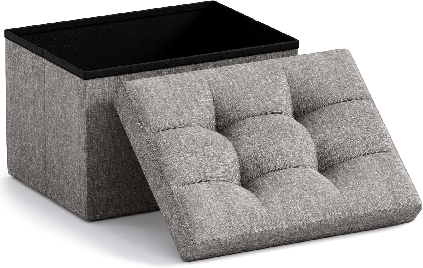 Ornavo Home Small Storage Ottoman Foldable Collapsible Rectangle Linen Ottoman Foot Rest Stool Seat, for Living Room, Bedroom, Home Office, Dorm - 12 x 16 x 12, Black