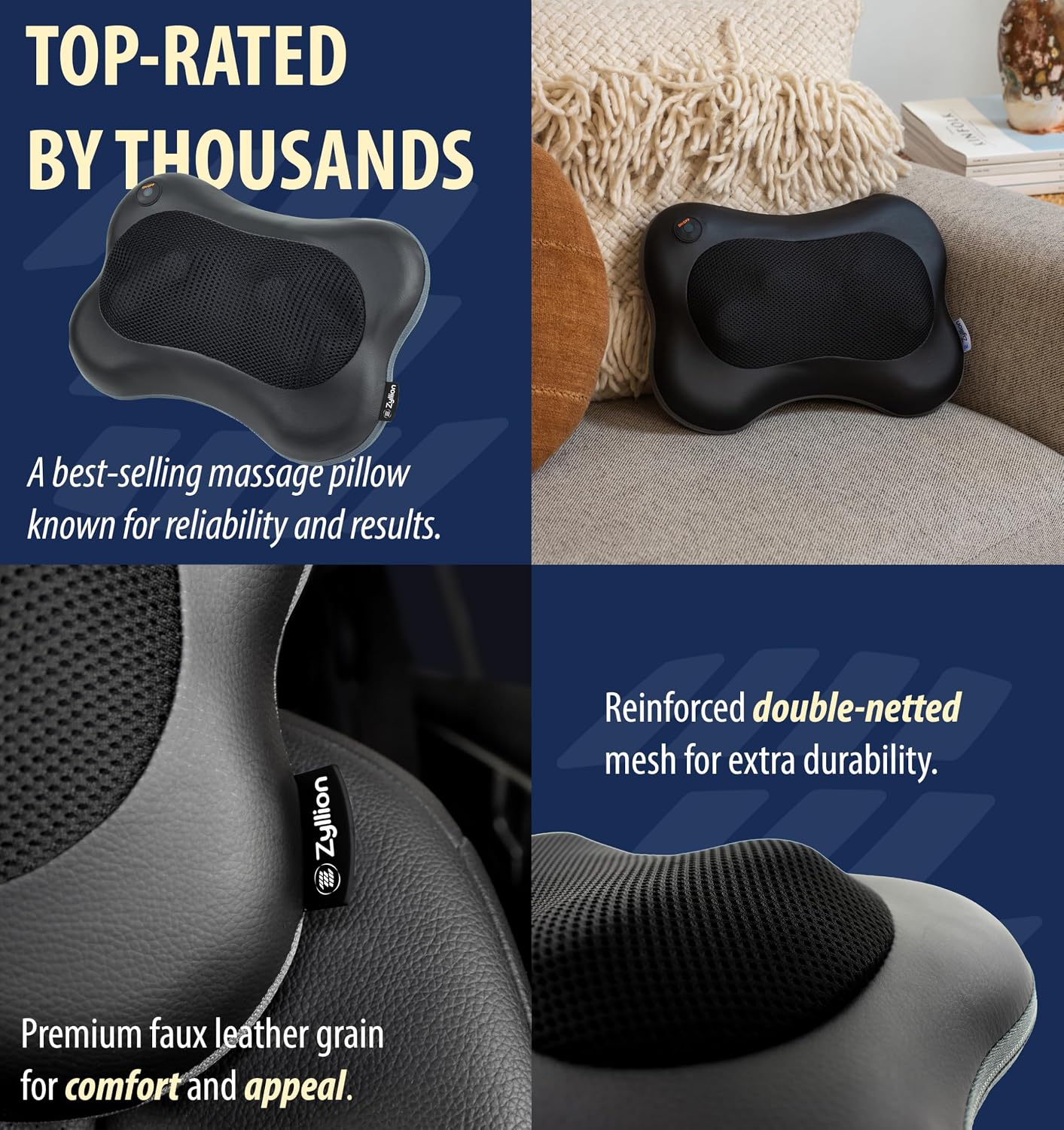 Zyllion Shiatsu Back and Neck Massager with Heat - 3D Electric Kneading Deep Tissue Massage Pillow with 8 Massaging Nodes for Muscle Pain Relief, Black, ZMA-25