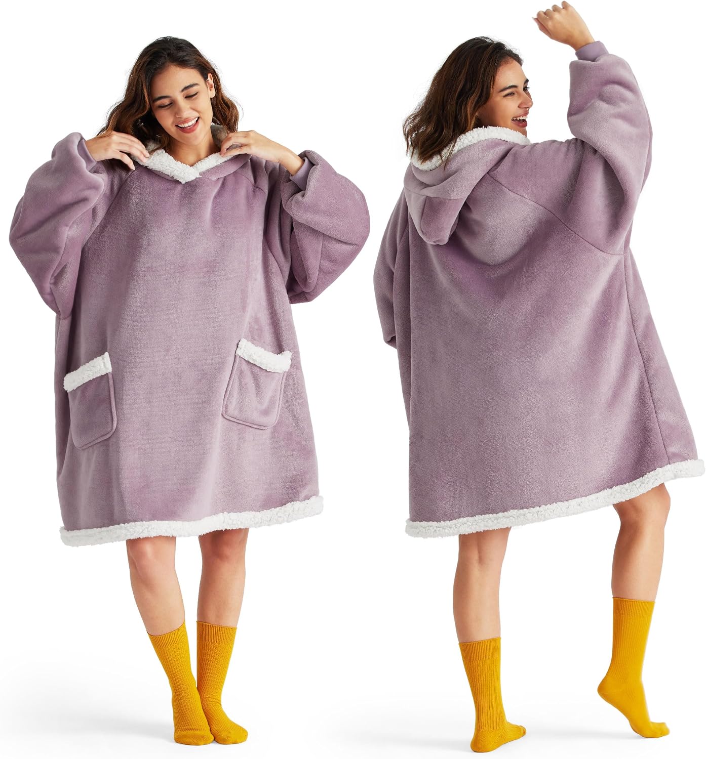 Bedsure Blanket Hoodie, Wearable Blanket Hoodie as Gifts for Mom, Birthday Gifts for Women Kids Teens Mother's Day Sherpa Sweatshirt, Grey, Standard