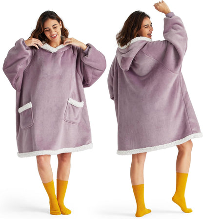 Bedsure Blanket Hoodie, Wearable Blanket Hoodie as Gifts for Mom, Birthday Gifts for Women Kids Teens Mother's Day Sherpa Sweatshirt, Grey, Standard