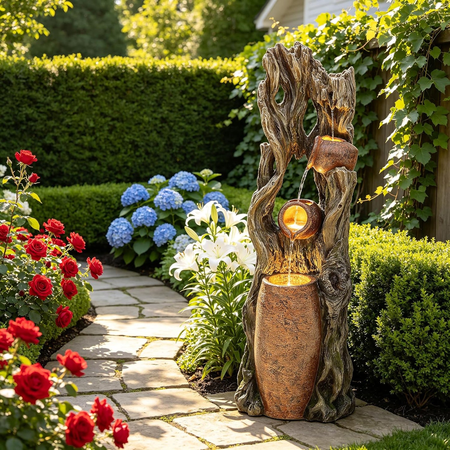 19.5" H 4-Tier Indoor & Outdoor Water Fountain with LED Lights | Resin Pebble Textured Tabletop Cascading Water Feature, Relaxing Decor for Patio, Porch, Deck, Yard & Home