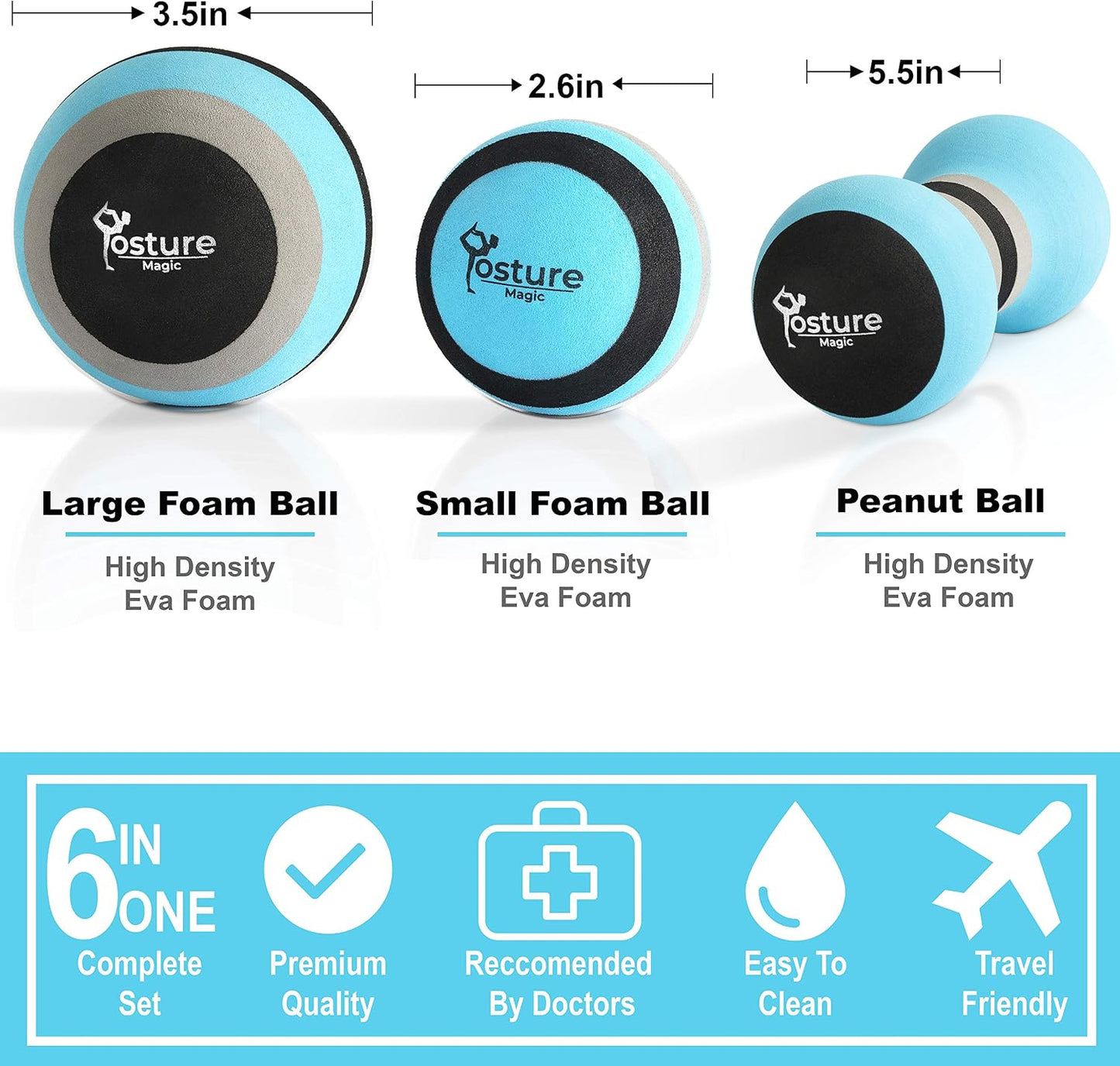 Posture Magic Massage Ball Kit for Myofascial Trigger Point Release & Deep Tissue Massage - Set of 6 - Large Foam/Small Foam/Lacrosse/Peanut/Spiky/Hand Exercise Ball (Purple)
