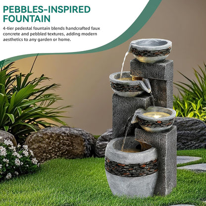 19.5" H 4-Tier Indoor & Outdoor Water Fountain with LED Lights | Resin Pebble Textured Tabletop Cascading Water Feature, Relaxing Decor for Patio, Porch, Deck, Yard & Home